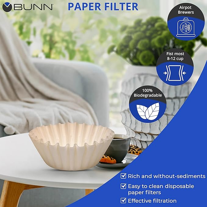 BUNN Coffee Filter – 4 PK - 100 PCS per Pack – Taller – Flat Bottom Liner – Quality Paper for Most Coffee Makers – Aromatic Brew – with Satisfying Customers Travel Tissue Pack (4PK)