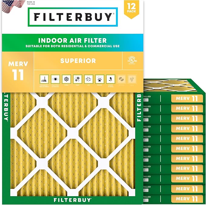 Filterbuy 20x21.5x1 Air Filter MERV 11 Superior Pet & Allergy Defense (12-Pack), Electrostatic Pleated HVAC AC Furnace Filters Replacement, Made in USA (Actual Size: 19.88 x 21.50 x 0.75)