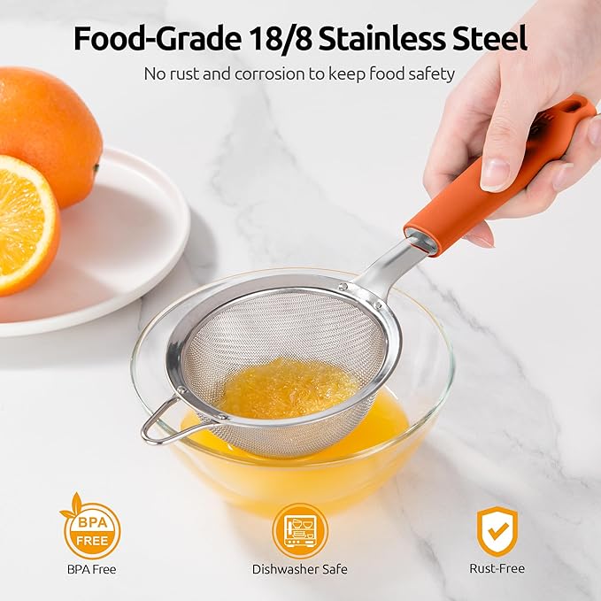 U-Taste Small Fine Mesh Strainer: 18/8 Stainless Steel 3.35in 30 Mesh Kitchen Food Sieve with Sturdy Riveted Silicone Handle, Heavy Duty Deep Handheld Metal Colander for Tea, Juice (Orange)
