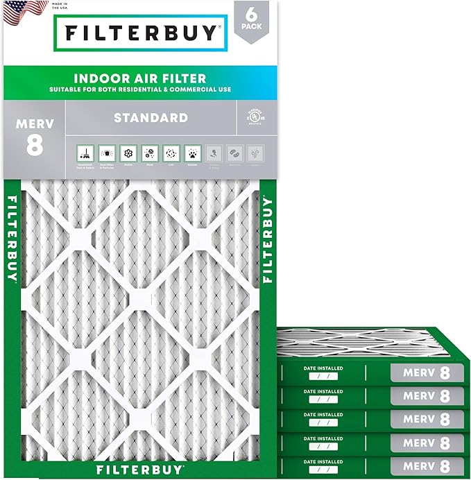 Filterbuy 8x20x1 Air Filter MERV 8 Essential Dust & Allergy Defense (6-Pack), Electrostatic Pleated HVAC AC Furnace Filters Replacement, Made in USA (Actual Size: 8.00 x 20.00 x 0.75)