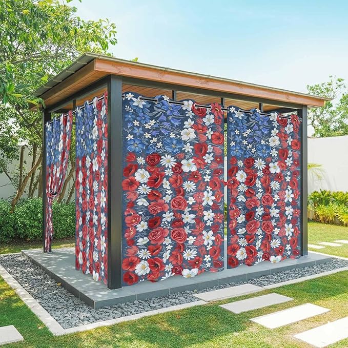 4th of July Outdoor Curtains for Patio Patriotic Flowers Farmhouse Red Waterproof Outside Curtains with Grommet Top Weatherproof Curtain for Cabana Pergola Gazebo, 1 Panel, 54" W x 108" L
