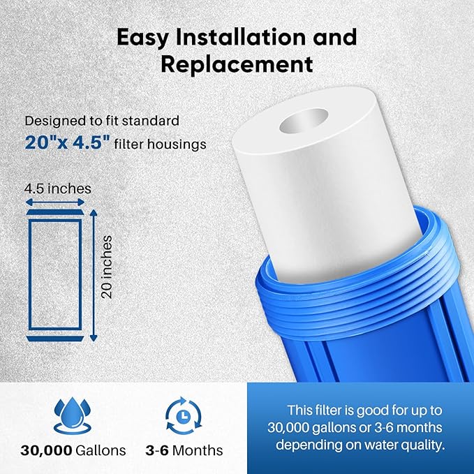 PUREPLUS 5 Micron 20" x 4.5" Whole House Sediment Home Water Filter Replacement Cartridge, Compatible with DGD-5005-20, FPMB5-20, AP810-2, 155358-43, SDC-45-2005, 2PP20BB1M, P5-20BB, FP25B, 2 Pack