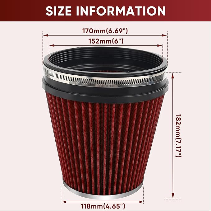 6" 152mm Cold Air Intake Filter Clamp-On Replacement High Flow Inlet Air Filter High Performance Washable Cone Filter 7" Tall Red