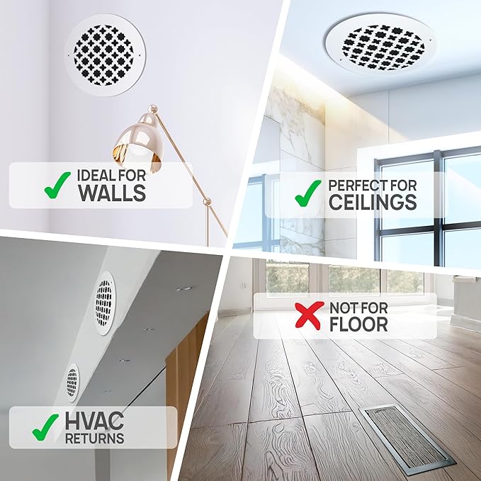 SABA Home Decor Air Vent Cover Grille - Acrylic Plexiglass 10" Round Duct Opening (12" Round Overall) White Finish Registers for Walls and Ceilings NOT for Floor USE, Venetian (1, 10" Round Screws)