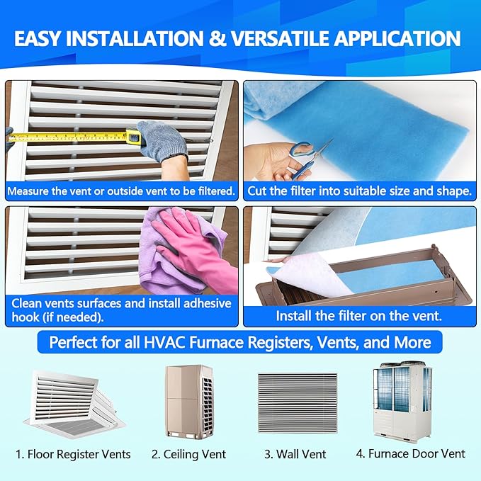 12" x120" Air Vent Filters, Cut to Fit Air Filter (50+ Filters), MERV 8 Triple Vent Filter for Home Floor, Ceiling, RV, HVAC Furnace Vents, With Adhesive Hook Tape and Installation Tape