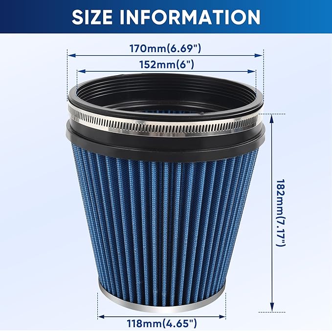6" 152mm Cold Air Intake Filter Clamp-On Replacement High Flow Inlet Air Filter High Performance Washable Cone Filter 7" Tall Blue