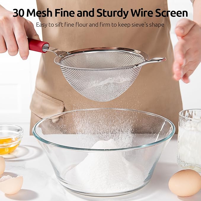 U-Taste Medium Fine Mesh Strainer: 18/8 Stainless Steel 4.73in 30 Mesh Kitchen Food Sieve with Sturdy Riveted Silicone Handle, Heavy Duty Deep Handheld Metal Colander for Rice, Quinoa, Flour (Red)