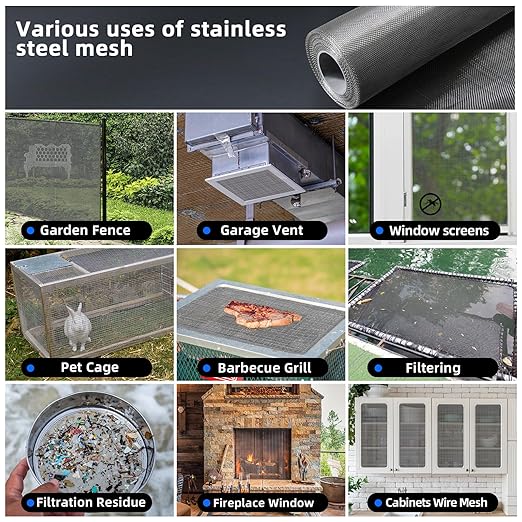 20 Mesh 304 Stainless Steel Mesh Screen, 47''×118''（120cm×300cm） Wire Screen Mesh, Rust Free Woven Wire Mesh, Metal Mesh Screen for Air Vents, Window Screen, Filters, Cage,Garden Covers (Black)