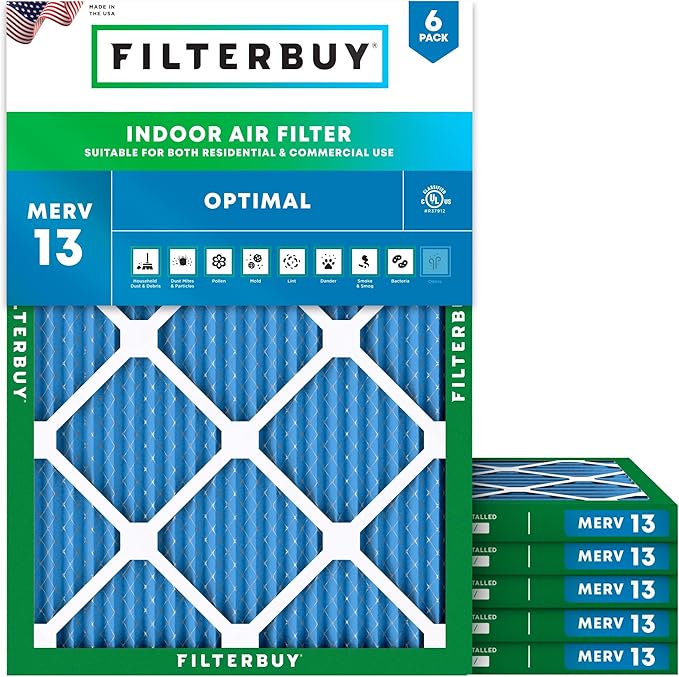 Filterbuy 17x21x1 Air Filter MERV 13 Optimal Smoke & Allergy Defense (6-Pack), Electrostatic Pleated HVAC AC Furnace Filters Replacement, Made in USA (Actual Size: 16.50 x 20.50 x 0.75)