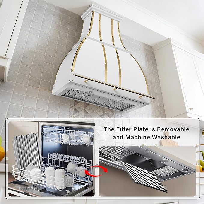 CHETTO C Stainless Steel Range Hood Cover with 4-Speed Vent Hood Insert Custom Handcrafted Metal Kitchen Fan with Towel Rack LED Light 36"W x24"D x21"H White Wall Mount