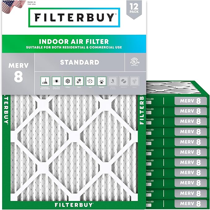Filterbuy 16x21x1 Air Filter MERV 8 Essential Dust & Allergy Defense (12-Pack), Electrostatic Pleated HVAC AC Furnace Filters Replacement, Made in USA (Actual Size: 15.50 x 20.50 x 0.75)