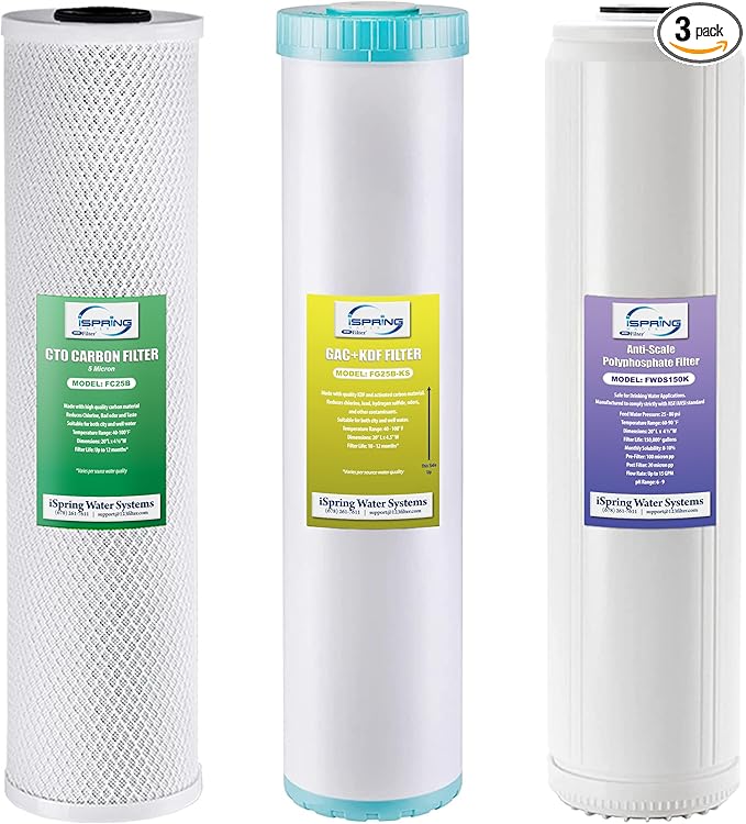iSpring F3WGB32BKDS 4.5” x 20” 3-Stage Whole House Water Filter Replacement Pack with Polyphosphate Anti-Scale, GAC+KDF, and CTO Carbon Block Water Filters, Fits WGB32B-KDS