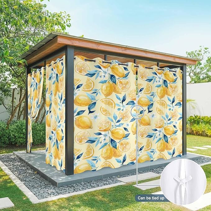 Lemon Outdoor Curtains for Patio Lemon Leaves Summer Plants Begin Waterproof Outside Curtains with Grommet Top Weatherproof Curtain for Cabana Pergola Gazebo, 2 Pack, 54" W x 84" L