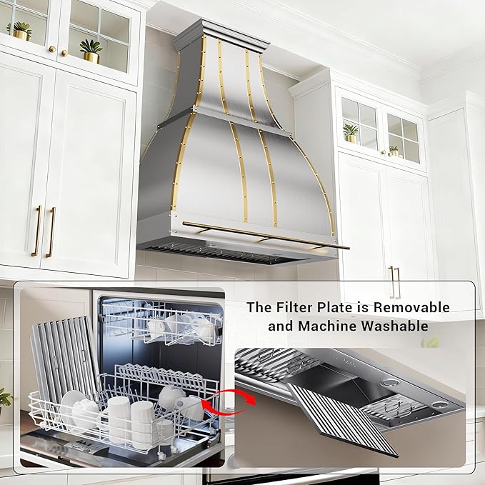 CHETTO C Stainless Steel Range Hood Cover with Quiet Vent Hood Insert Custom Handcrafted Metal Kitchen Fan with Towel Rack LED Light 30"W x24"D x57"H Brushed Stainless Steel Wall Mount
