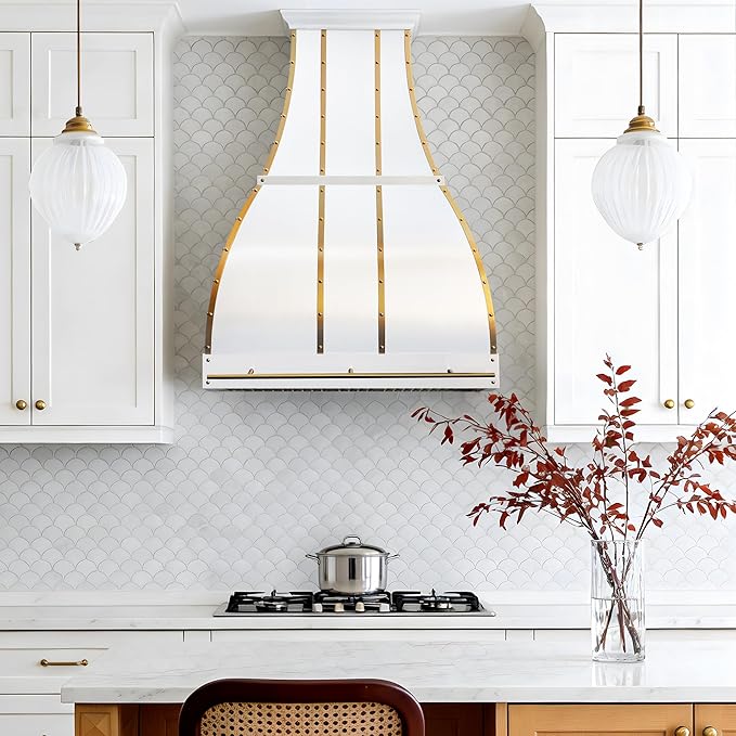 CHETTO C Stainless Steel Range Hood Cover with 4-Speed Vent Hood Insert Custom Handcrafted Metal Kitchen Fan with Towel Rack LED Light 42"W x24"D x48"H White Wall Mount