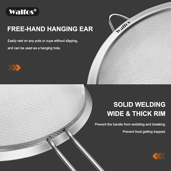 Walfos 8.6 Inch Large Fine Mesh Strainer, Kitchen Metal Food Strainers with Sturdy Handle, Stainless Steel 30 Mesh Sieve Sifters for Rice, Quinoa, Pasta, Fruits, Vegetables, etc.