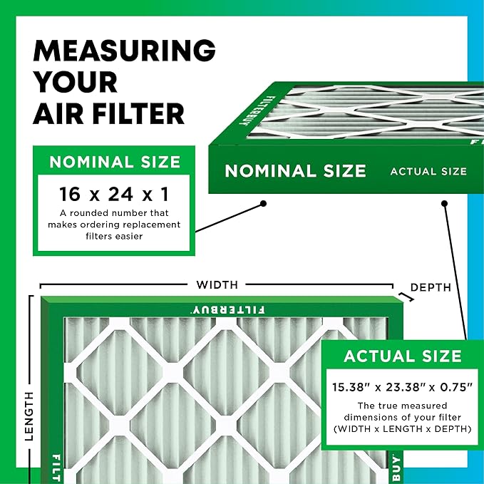 Filterbuy 16x24x1 Air Filter MERV 13 Optimal Smoke & Allergy Defense (1-Pack), Electrostatic Pleated HVAC AC Furnace Filters Replacement, Made in USA (Actual Size: 15.38 x 23.38 x 0.75)