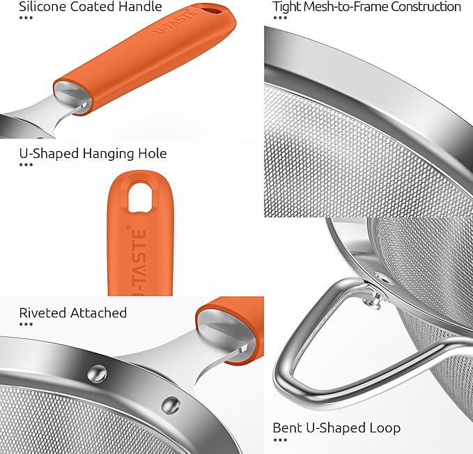 U-Taste Small Fine Mesh Strainer: 18/8 Stainless Steel 3.35in 30 Mesh Kitchen Food Sieve with Sturdy Riveted Silicone Handle, Heavy Duty Deep Handheld Metal Colander for Tea, Juice (Orange)
