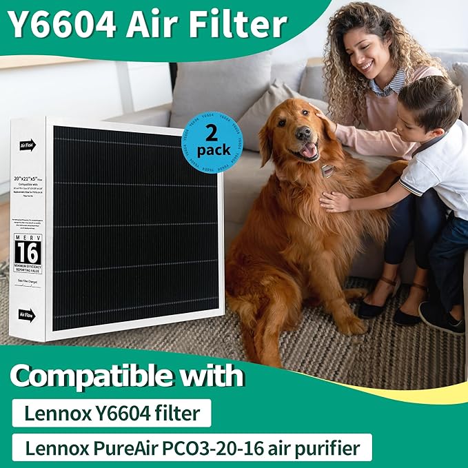 2 Pack Y6604 20x26x5 Air Filter MERV 16, Replacement for Lennox Y6604 Filter and Compatible with Lennox Pureair PCO3-20-16 Air Purifier Purification System