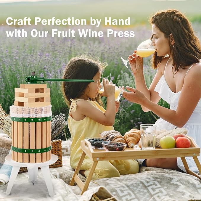 CAELUM Fruit Wine Press, 4.75 Gallon Wood Fruit and Cider Press Squeezer With T-Handle, Juice Maker, Wine Making Press Squeezer for Outdoor, Kitchen（Green）