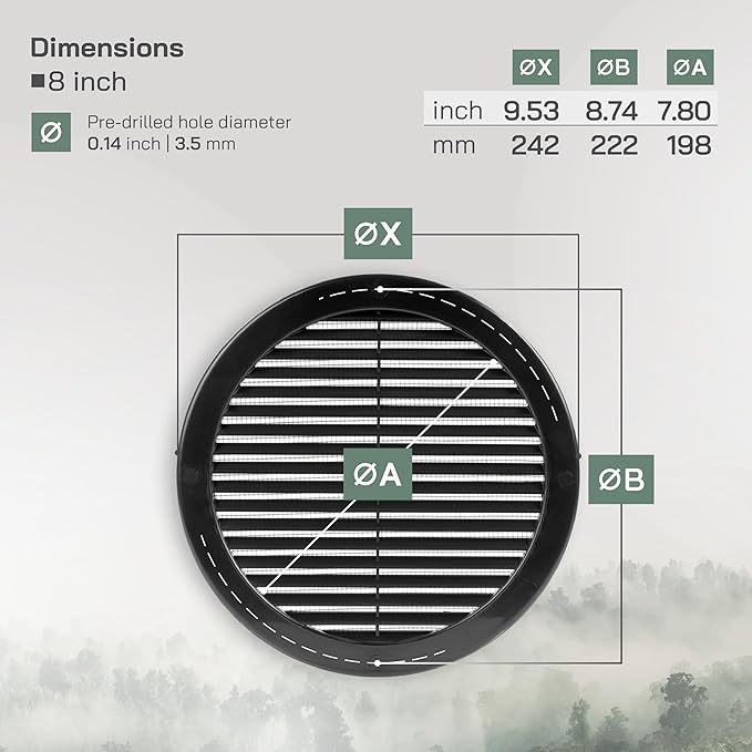 Vent Systems 8" Inch (Opening Dimensions) - Pack of 2 - Black Soffit Vent Cover - Plastic Round Air Vent Grille - Built-in Mesh Screen - HVAC Register Louver for Bathroom, Home, Kitchen