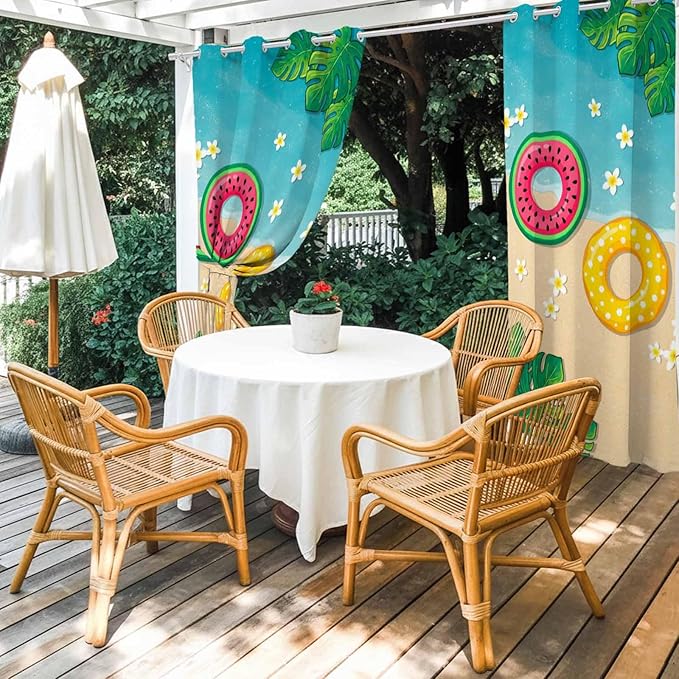 Summer Outdoor Curtains for Patio Plumeria Swimming Circles Ocean Beach Waterproof Outside Curtains with Grommet Top Weatherproof Curtain for Cabana Pergola Gazebo, 1 Panel, 54" W x 108" L