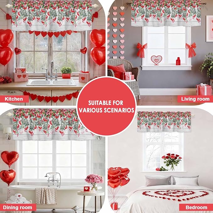Poinsettia Berry Valance Curtains for Kitchen, Red Floral Winter Plants Vintage Wood Grain Privacy Rod Pocket Valance Curtain, Light-Filtering Window Treatment for Bedroom Bathroom, 60"x14"