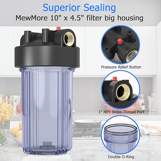 WHT10 Whole House Water Filter Housing, Fit 10"x4.5" Sediment etc Filters for Well and City Water, Big Filter Blue Pre-Filtration System for Home, 1" NPT Port, Pressure Release (Clear Housing)