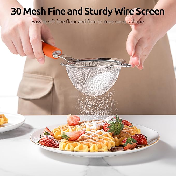 U-Taste Small Fine Mesh Strainer: 18/8 Stainless Steel 3.35in 30 Mesh Kitchen Food Sieve with Sturdy Riveted Silicone Handle, Heavy Duty Deep Handheld Metal Colander for Tea, Juice (Orange)