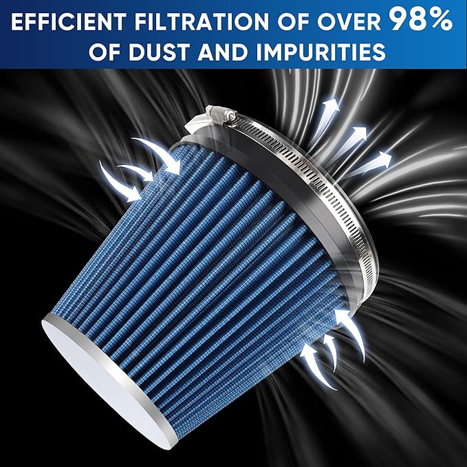 6" 152mm Cold Air Intake Filter Clamp-On Replacement High Flow Inlet Air Filter High Performance Washable Cone Filter 7" Tall Blue