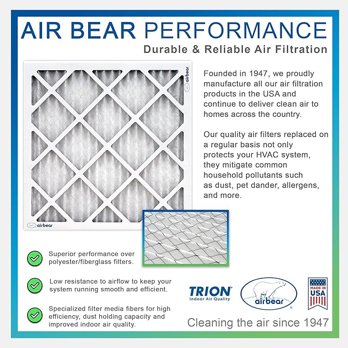 16x25x1 Air Filter MERV 8 (5-Pack) TRION Air Bear Pleated HVAC Air Filters Replacement (Actual Size: 15.50 x 24.50 x 0.75 Inches)