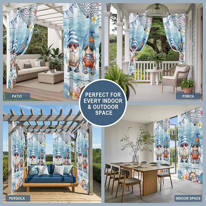 Ocean Gnome Outdoor Curtains for Patio Summer Marine Plumeria Shell Wood Blue Waterproof Outside Curtains with Grommet Top Weatherproof Curtain for Cabana Pergola Gazebo, 1 Panel, 54" W x 84" L