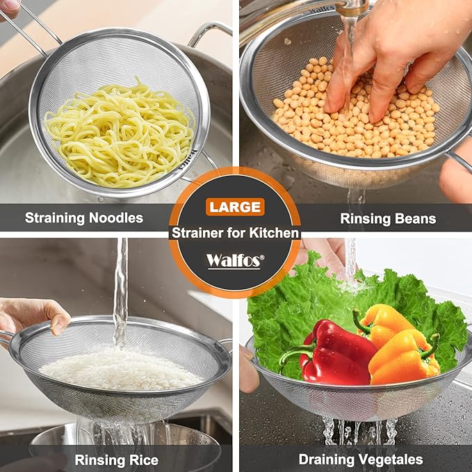 Walfos Large Fine Mesh Strainer 9.35" & 7.8", Stainless Steel Mesh Sieve with Sturdy Handle, Kitchen Metal Food Strainers for Quinoa, Rice, Pasta, Fruits, Vegetables, etc., Set of 2