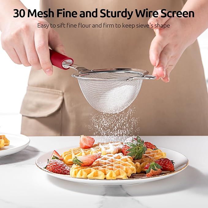 U-Taste Small Fine Mesh Strainer: 18/8 Stainless Steel 3.35in 30 Mesh Kitchen Food Sieve with Sturdy Riveted Silicone Handle, Heavy Duty Deep Handheld Metal Colander for Tea, Juice (Red)