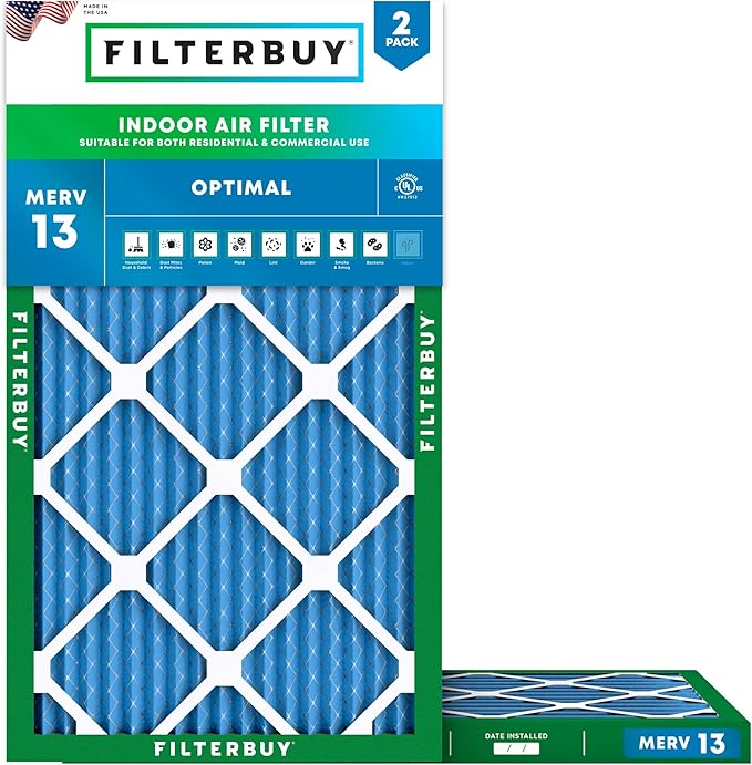 Filterbuy 10x25x1 Air Filter MERV 13 Optimal Smoke & Allergy Defense (2-Pack), Electrostatic Pleated HVAC AC Furnace Filters Replacement, Made in USA (Actual Size: 9.75 x 24.75 x 0.75)