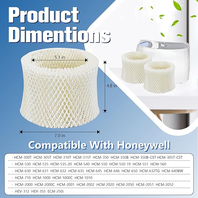 Funmit Humidifier Filters Replacement for Honeywell Humidifier Filter HAC-504 HAC-504AW and Honeywell Filter A, Replacement for Honeywell HCM-350 HCM-500 HCM600 Cool Mist Humidifiers, 6 Pack, White