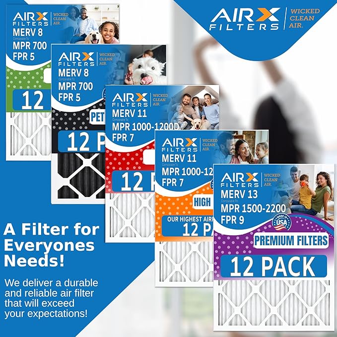 16x24x2 Air Filter MERV 13 Rating, 12 Pack of Furnace Filters Comparable to MPR 1500-2200 & FPR 9 - Made in USA by AIRX FILTERS WICKED CLEAN AIR.