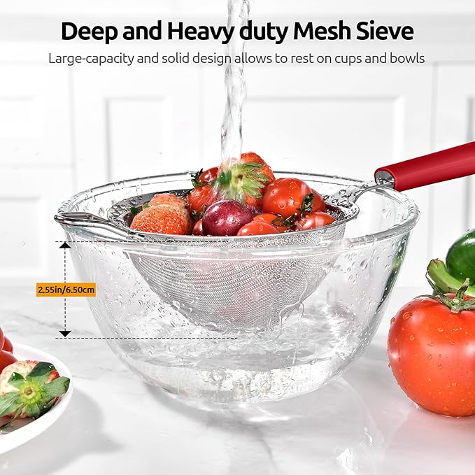 U-Taste Medium Fine Mesh Strainer: 18/8 Stainless Steel 4.73in 30 Mesh Kitchen Food Sieve with Sturdy Riveted Silicone Handle, Heavy Duty Deep Handheld Metal Colander for Rice, Quinoa, Flour (Red)