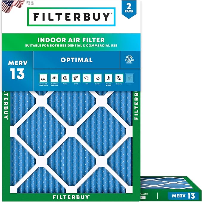 Filterbuy 24x25x1 Air Filter MERV 13 Optimal Smoke & Allergy Defense (2-Pack), Electrostatic Pleated HVAC AC Furnace Filters Replacement, Made in USA (Actual Size: 23.88 x 24.88 x 0.75)