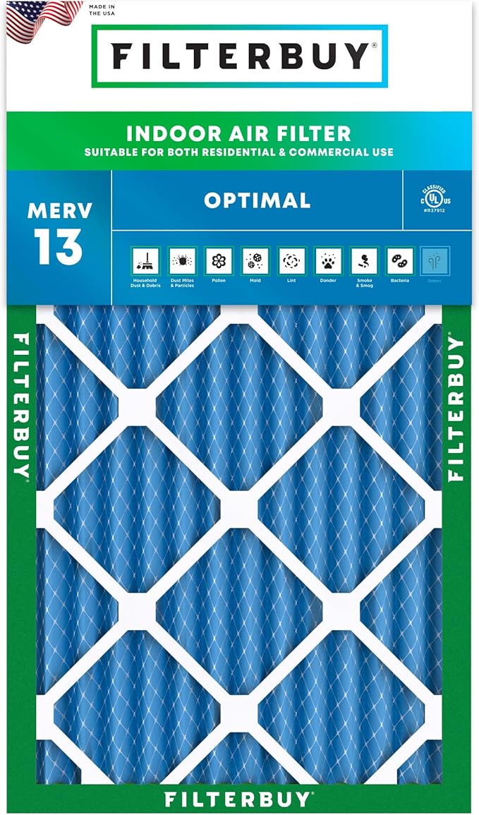 Filterbuy 20x30x2 Air Filter MERV 13 Optimal Smoke & Allergy Defense (1-Pack), Electrostatic Pleated HVAC AC Furnace Filters Replacement, Made in USA (Actual Size: 19.75 x 29.75 x 1.75)