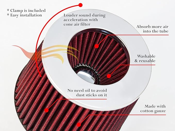 RED 6" 152 mm Inlet Short Truck Air Cone Replacement Performance Washable Clamp-On Dry Air Filter (6" Tall)