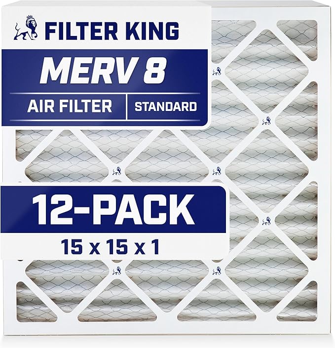 Filter King 15x15x1 Air Filter | 12-PACK | MERV 8 HVAC Pleated A/C Furnace Filters | MADE IN USA | Actual Size: 15 x 15 x .75"