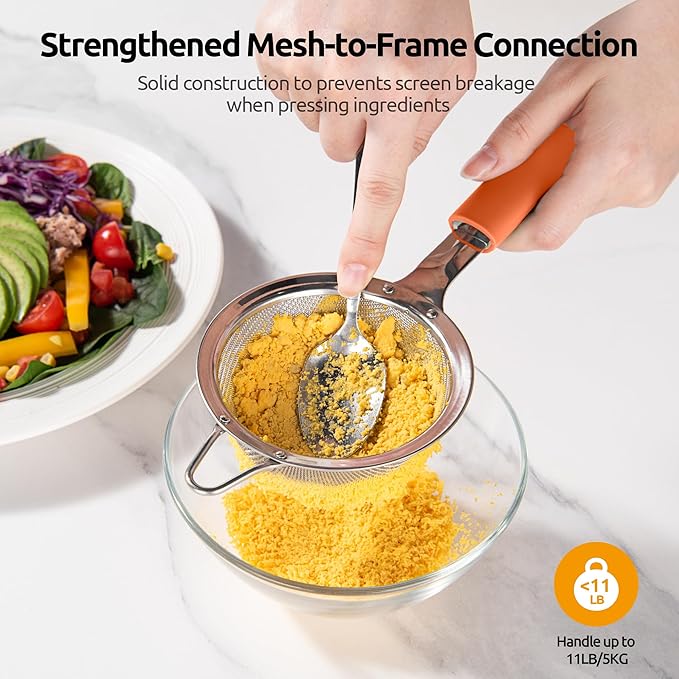 U-Taste Small Fine Mesh Strainer: 18/8 Stainless Steel 3.35in 30 Mesh Kitchen Food Sieve with Sturdy Riveted Silicone Handle, Heavy Duty Deep Handheld Metal Colander for Tea, Juice (Orange)