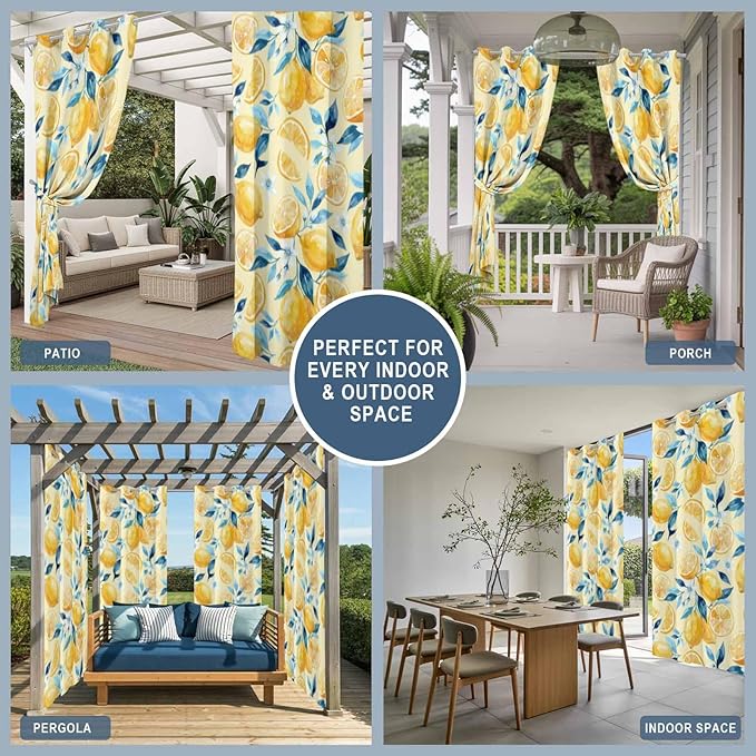 Lemon Outdoor Curtains for Patio Lemon Leaves Summer Plants Begin Waterproof Outside Curtains with Grommet Top Weatherproof Curtain for Cabana Pergola Gazebo, 2 Pack, 54" W x 84" L