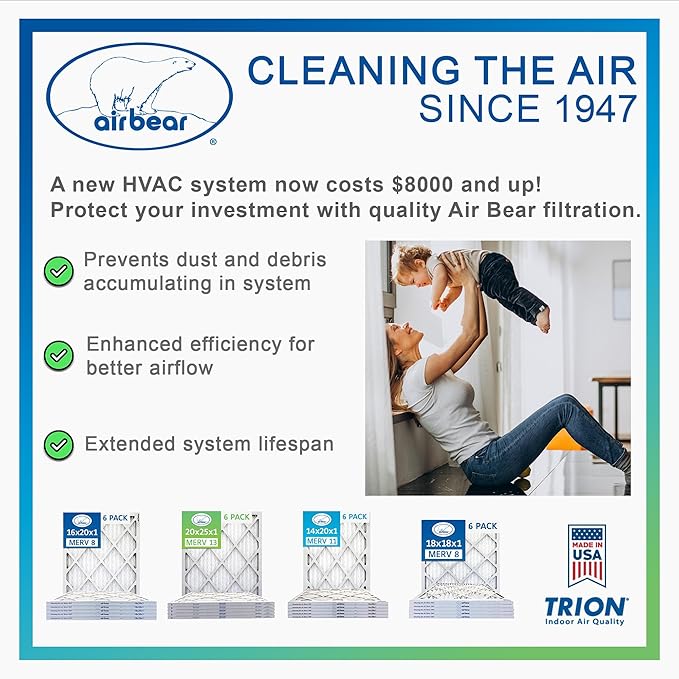 16x25x1 Air Filter MERV 8 (5-Pack) TRION Air Bear Pleated HVAC Air Filters Replacement (Actual Size: 15.50 x 24.50 x 0.75 Inches)