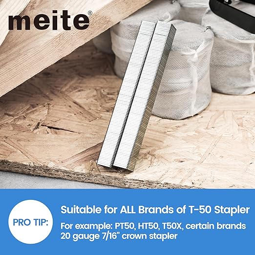 meite T-50 Heavy Duty Staples, 1/2 Inch Galvanized T-50 Staples for Staple Gun, 20 Gauge 3/8 Inch Crown Staple for Upholstery, Construction, Furniture (1 Case)