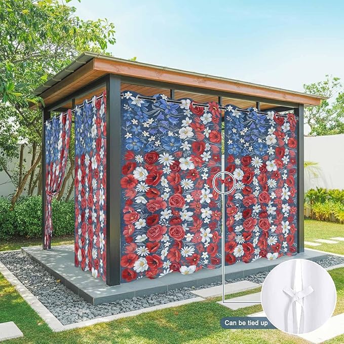 4th of July Outdoor Curtains for Patio Patriotic Flowers Farmhouse Red Waterproof Outside Curtains with Grommet Top Weatherproof Curtain for Cabana Pergola Gazebo, 1 Panel, 54" W x 108" L