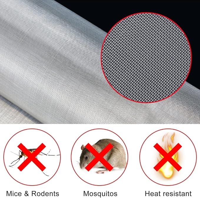 Stainless Steel Woven Wire Mesh 60 Mesh 304 Stainless Steel Woven Wire Mesh, Durable Rodent Mesh Garden Insect Screen Great for Vent, Filter, Airbrick