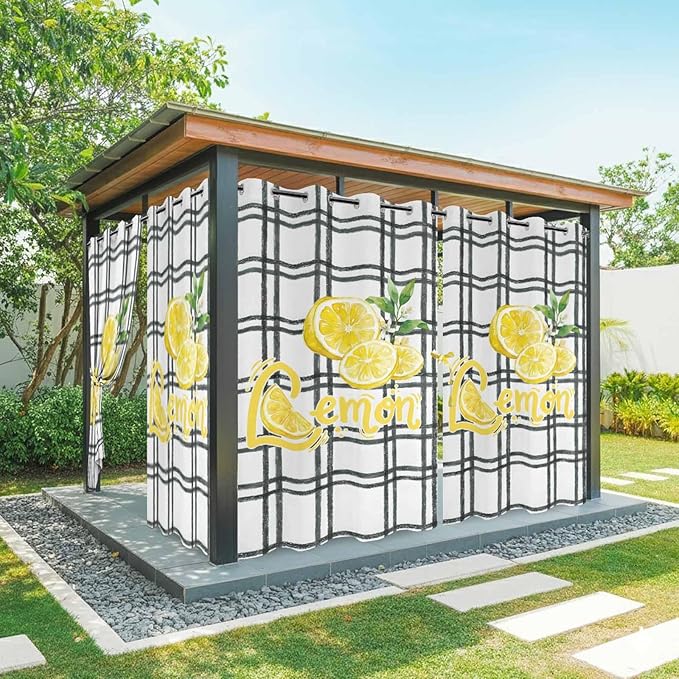 Lemon Outdoor Curtains for Patio Lemon Leaves Summer Plaid Buffalo Waterproof Outside Curtains with Grommet Top Weatherproof Curtain for Cabana Pergola Gazebo, 2 Pack, 54" W x 108" L