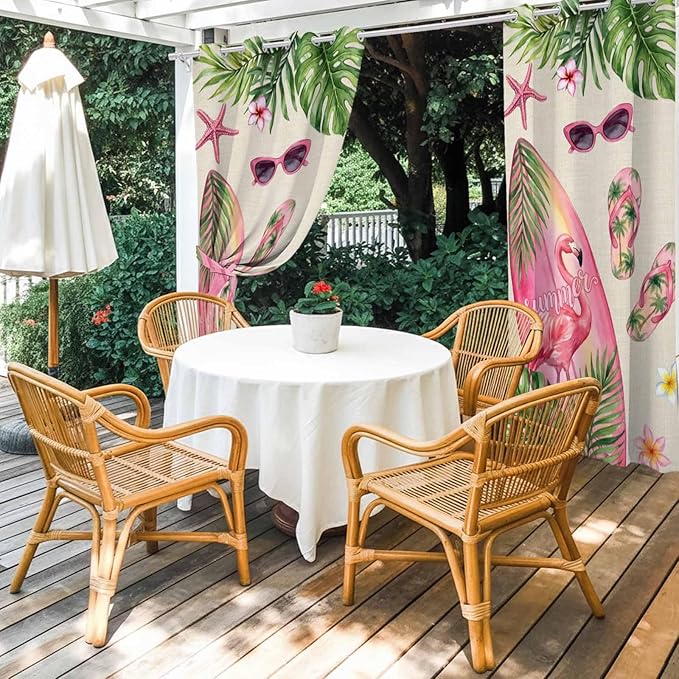 Summer Flamingbirds Outdoor Curtains for Patio Palm Leaves Plumeria Linen Waterproof Outside Curtains with Grommet Top Weatherproof Curtain for Cabana Pergola Gazebo, 2 Pack, 54" W x 108" L